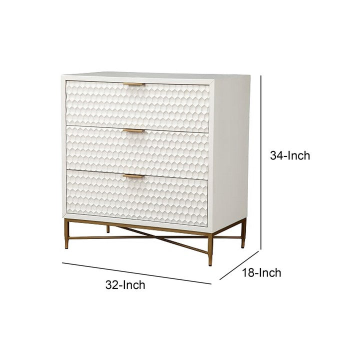 Honeycomb Design 3 Drawer Chest with Metal Legs, Small, White