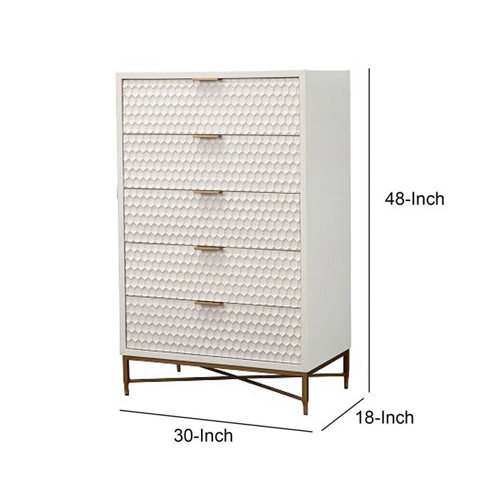 Honeycomb Design 5 Drawer Chest with Metal Legs, Large, White