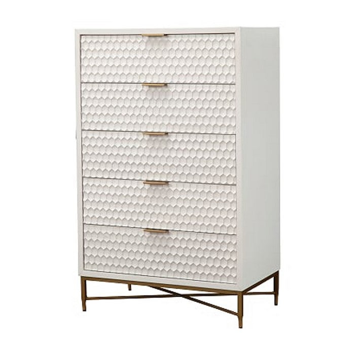 Honeycomb Design 5 Drawer Chest with Metal Legs, Large, White