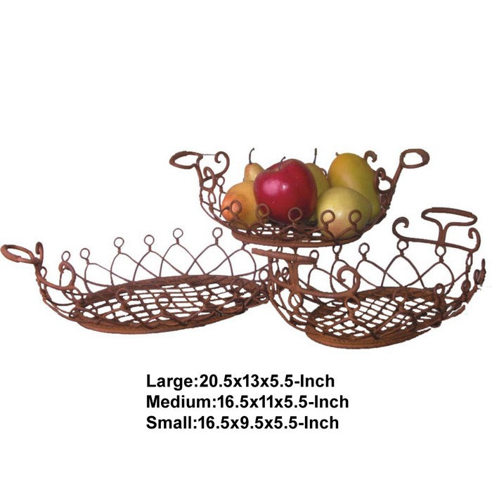 Traditional Oval Shaped Metal Basket with Net Pattern, Set of 3, Brown