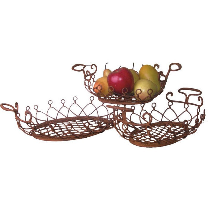 Traditional Oval Shaped Metal Basket with Net Pattern, Set of 3, Brown