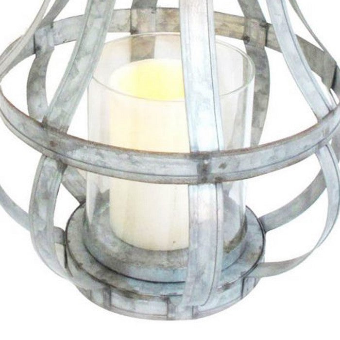 Cage Design Metal Bellied Candle Holder with Rope handle, Silver