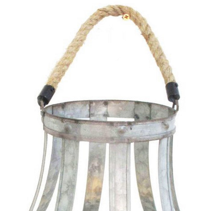 Cage Design Metal Bellied Candle Holder with Rope handle, Silver