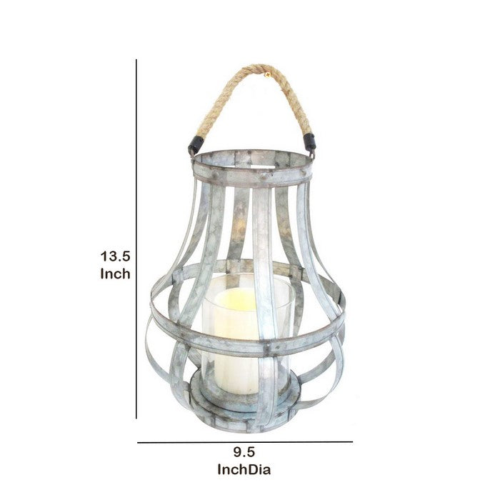Cage Design Metal Bellied Candle Holder with Rope handle, Silver
