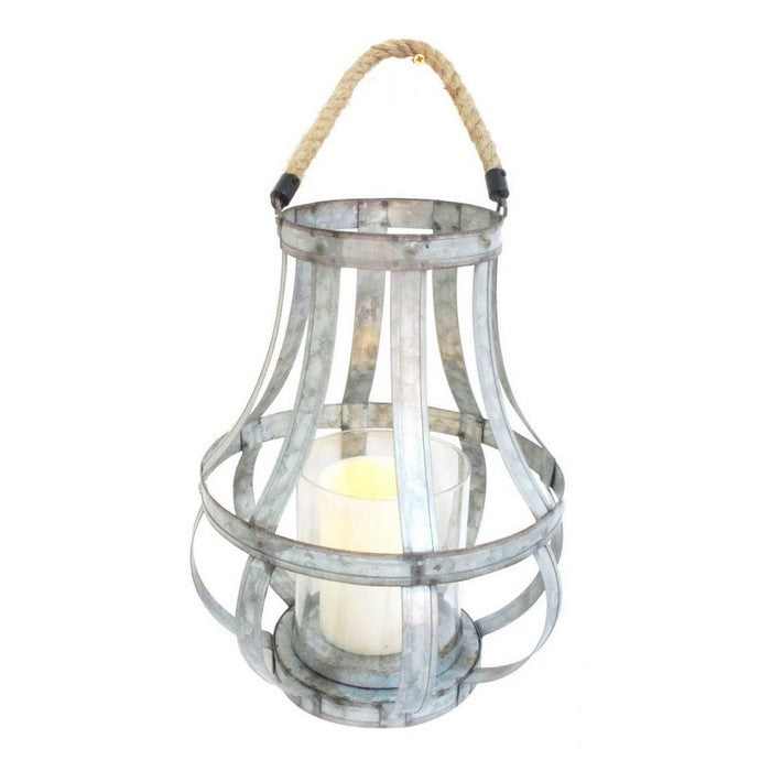 Cage Design Metal Bellied Candle Holder with Rope handle, Silver