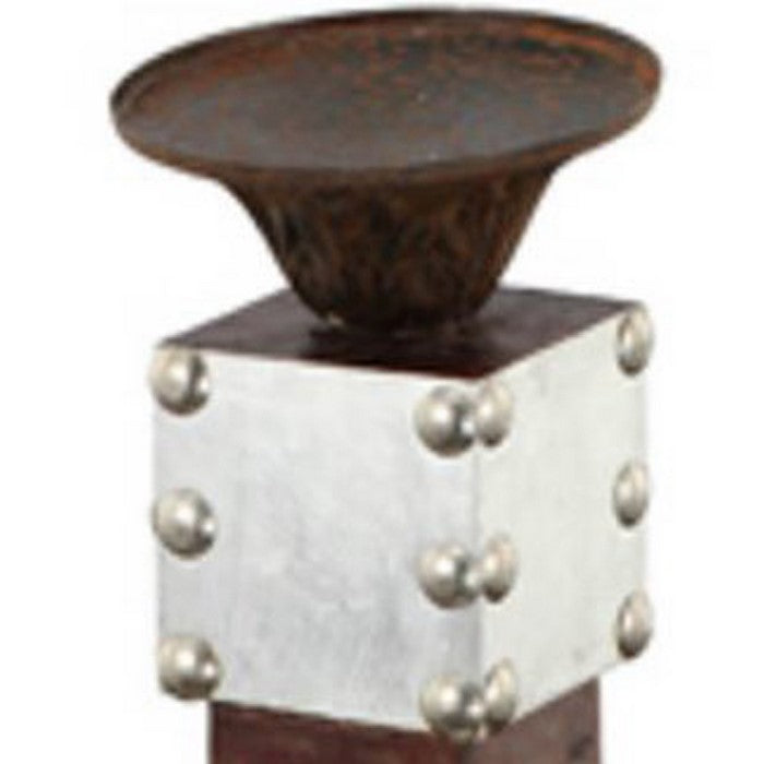 Wooden Pedestal Candle Holder with Aluminum Patchwork, Silver and Brown