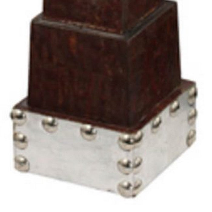 Wooden Pedestal Candle Holder with Aluminum Patchwork, Silver and Brown