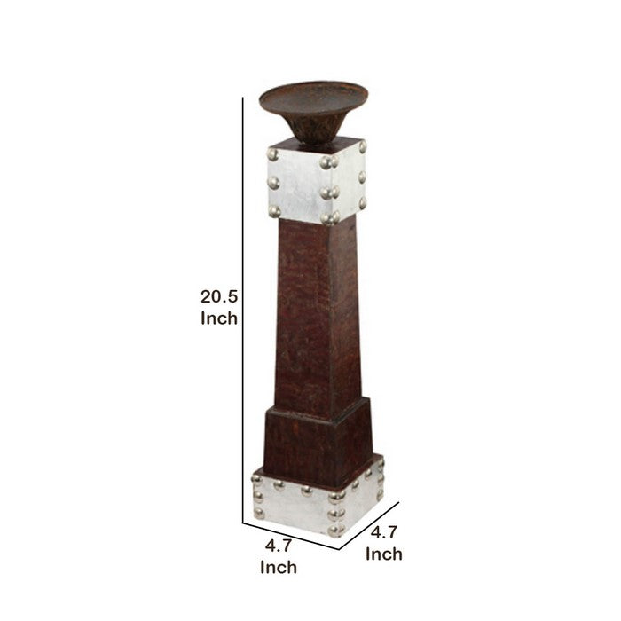 Wooden Pedestal Candle Holder with Aluminum Patchwork, Silver and Brown