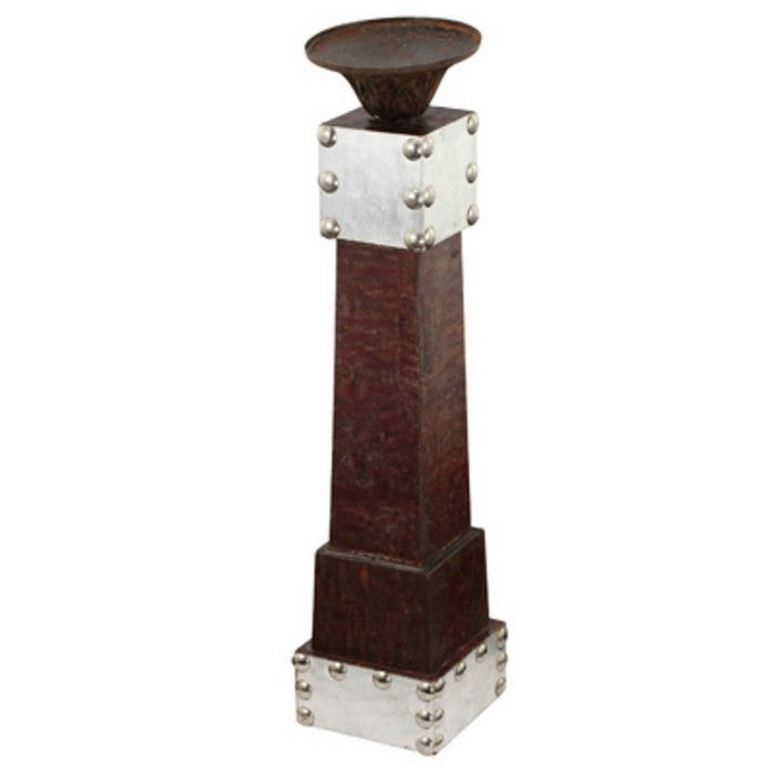 Wooden Pedestal Candle Holder with Aluminum Patchwork, Silver and Brown