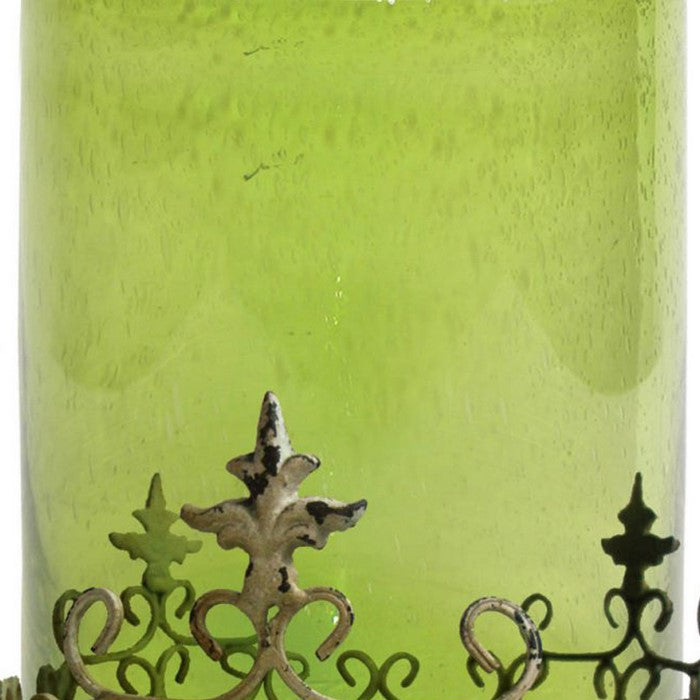 Traditional Style Glass Candle Holder With Scrolled Metal Stand, Green