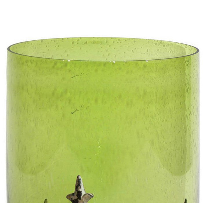 Traditional Style Glass Candle Holder With Scrolled Metal Stand, Green