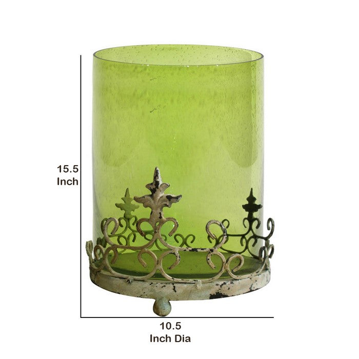 Traditional Style Glass Candle Holder With Scrolled Metal Stand, Green