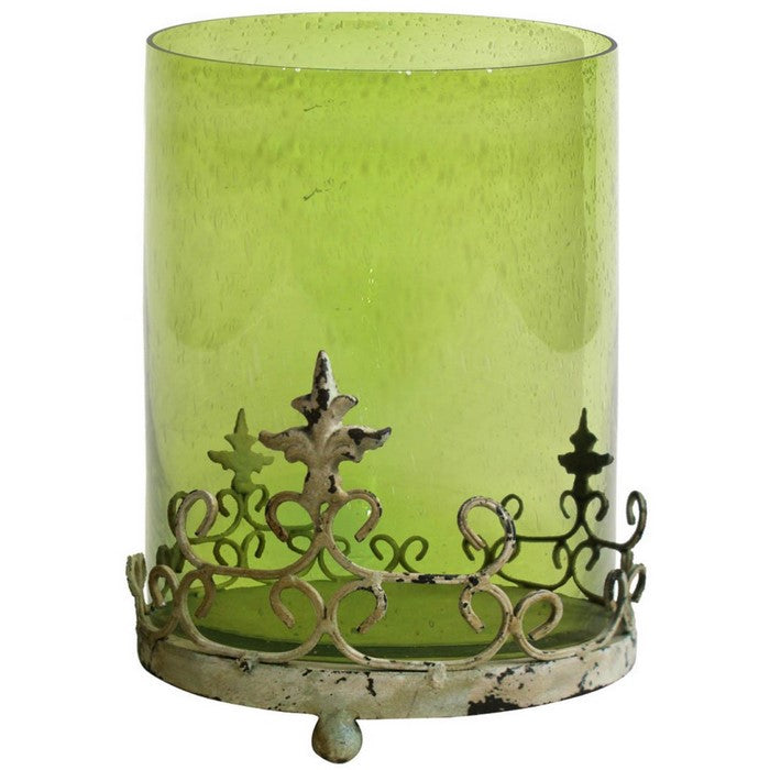 Traditional Style Glass Candle Holder With Scrolled Metal Stand, Green