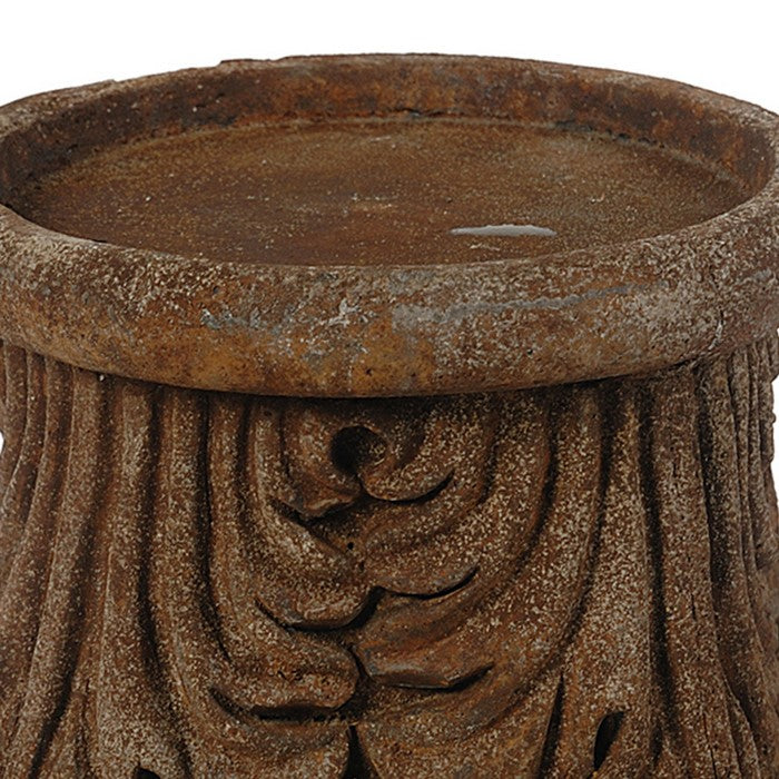 Pedestal Design Candle Holder with Scroll Motifs, Rustic Brown