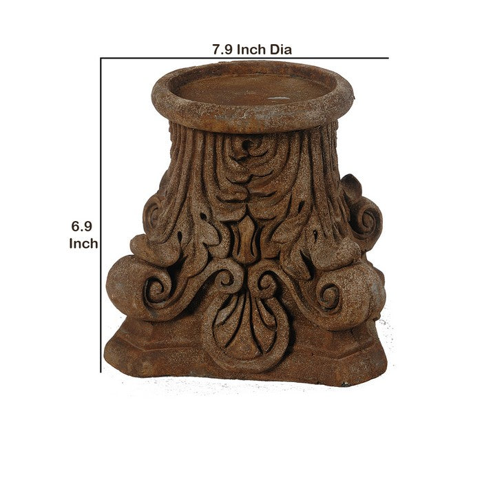 Pedestal Design Candle Holder with Scroll Motifs, Rustic Brown