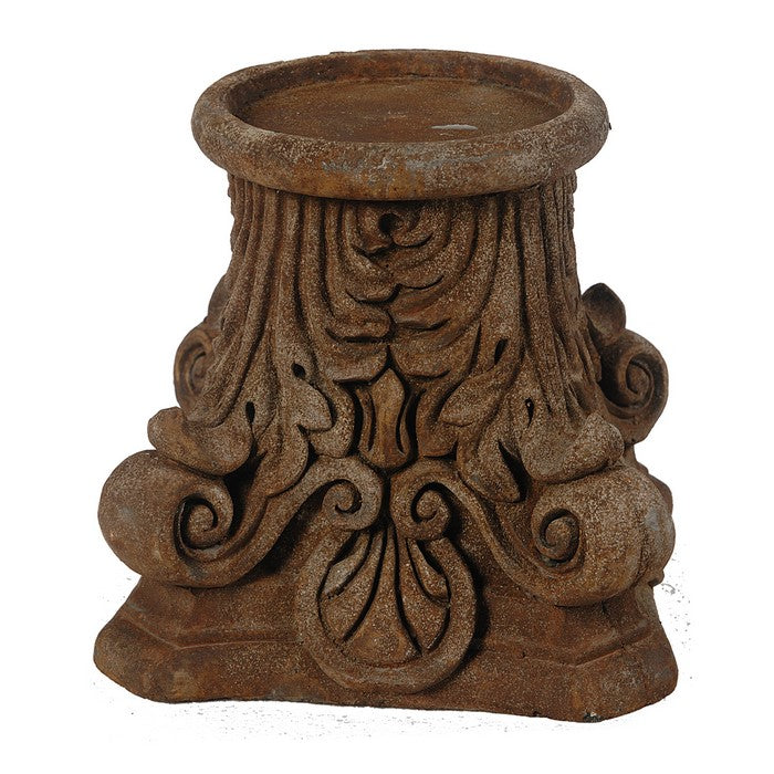 Pedestal Design Candle Holder with Scroll Motifs, Rustic Brown
