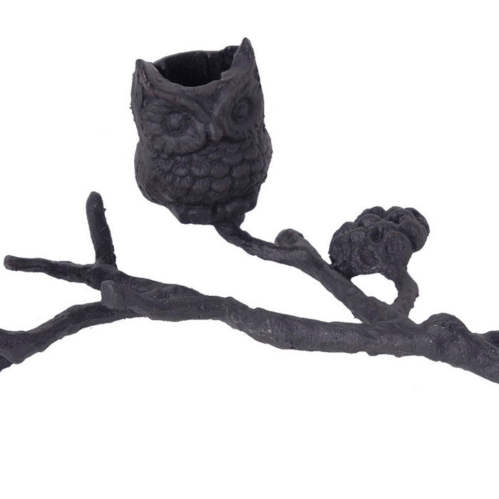 Metal Owl Figurine Candle Holder with Tree Branch like Stand, Gray