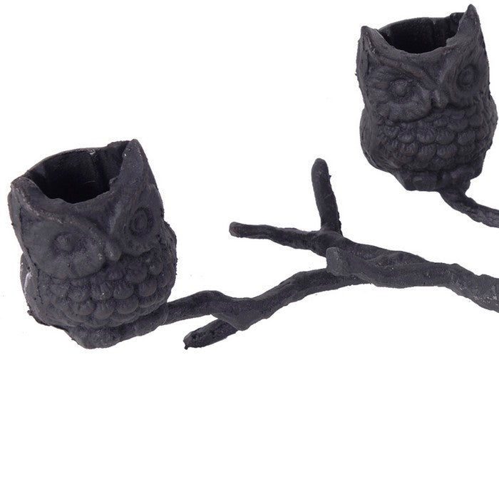 Metal Owl Figurine Candle Holder with Tree Branch like Stand, Gray