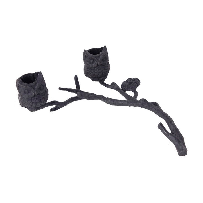 Metal Owl Figurine Candle Holder with Tree Branch like Stand, Gray