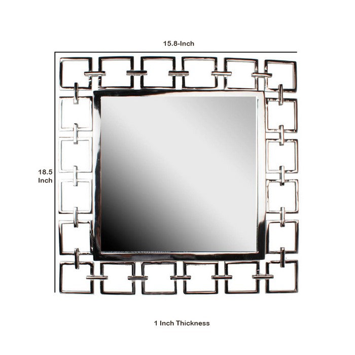 Modern Style Metal Openwork Square Framed Mirror, Silver