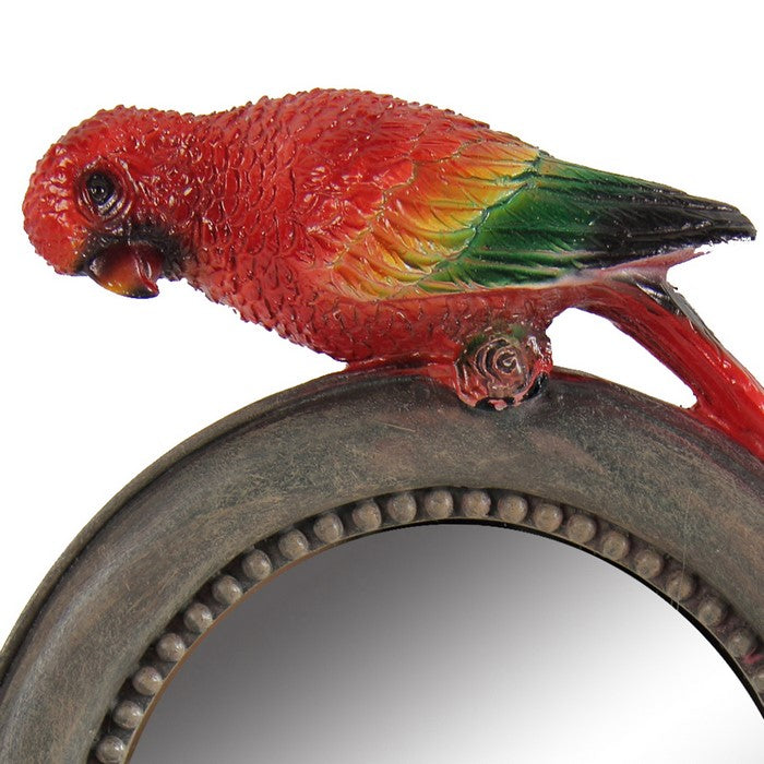 Round Wooden Framed Mirror with Parrot Sculpture Top, Multicolor