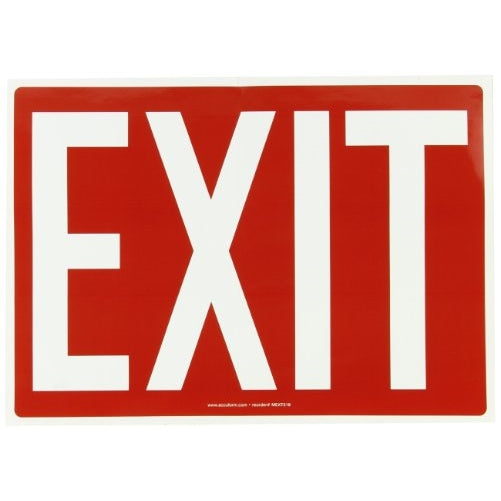 Accuform Signs MEXT518VS Adhesive Vinyl Safety Sign, Legend "EXIT", 10" Length x 14" Width x 0.004" Thickness, White on Red