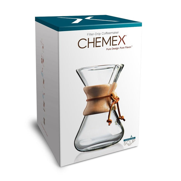 Chemex Hand Blown Glass Coffee Maker with Wood Collar and Tie, 5 cup capacity.