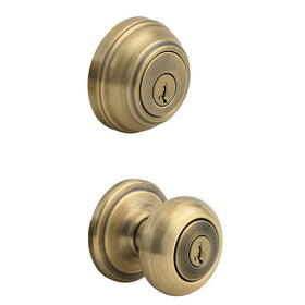 Kwikset 991 Juno Entry Knob and Single Cylinder Deadbolt Combo Pack featuring SmartKey in Antique Brass