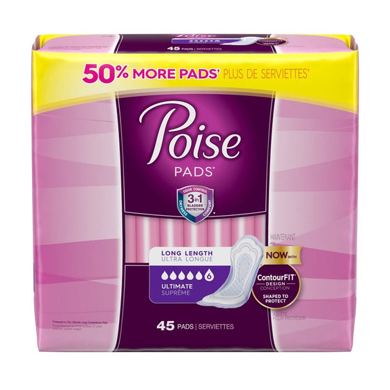 Poise Incontinence Overnight Pads, Ultimate Absorbency, Long, 45 Count