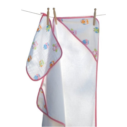 Angel Dear Hooded Towel and Washcloth, Pink Owl