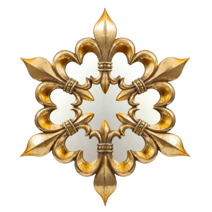 Antique Fleur de lis Designed Metal Finish Mirror, Gold