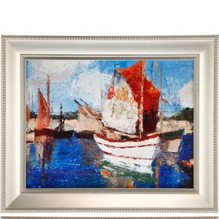 Modern Style Metal Frames with Boat Scene Paintings, Set of 4, Silver