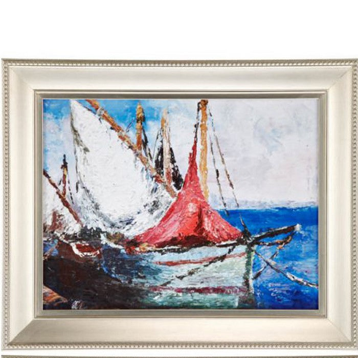 Modern Style Metal Frames with Boat Scene Paintings, Set of 4, Silver
