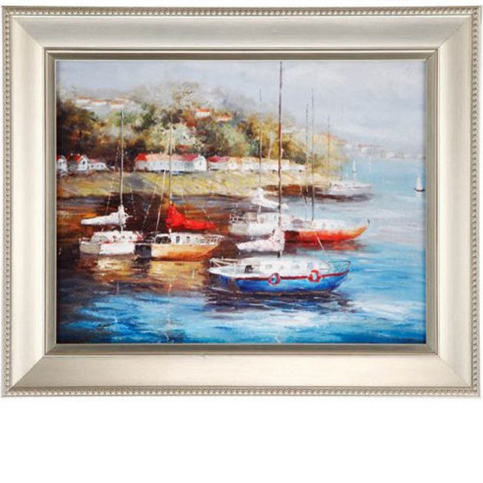 Modern Style Metal Frames with Boat Scene Paintings, Set of 4, Silver