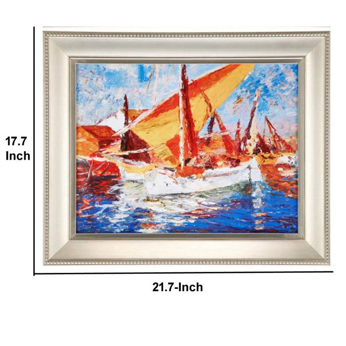 Modern Style Metal Frames with Boat Scene Paintings, Set of 4, Silver