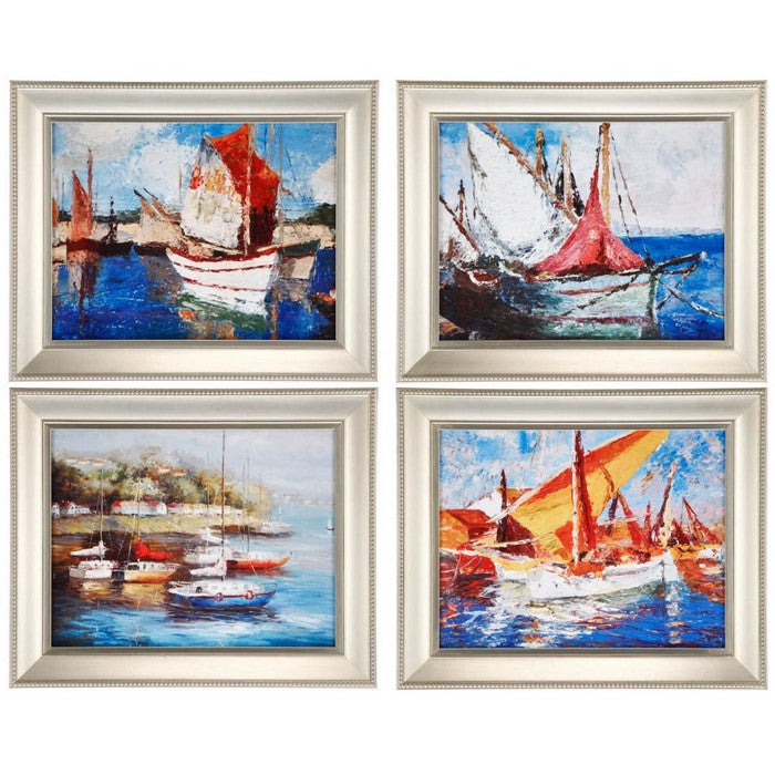 Modern Style Metal Frames with Boat Scene Paintings, Set of 4, Silver
