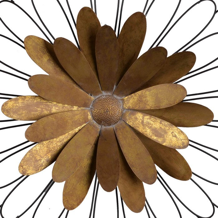 Metal Wall Decor with Wooden Frame and Leafy Flower, Bronze