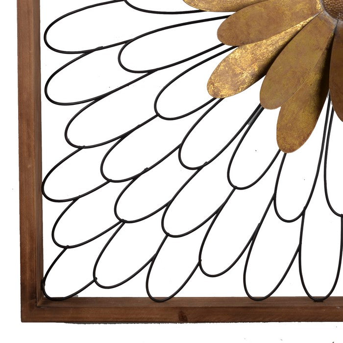 Metal Wall Decor with Wooden Frame and Leafy Flower, Bronze