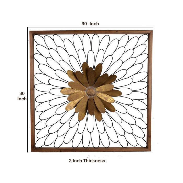 Metal Wall Decor with Wooden Frame and Leafy Flower, Bronze