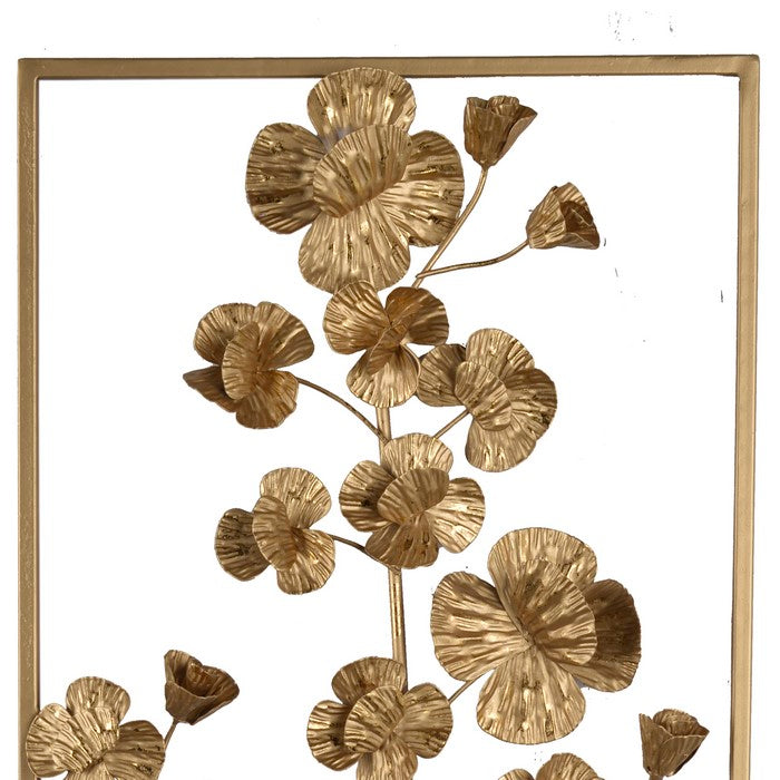 Contemporary Rectangular Metal Wall Art with Floral Plant Design, Gold
