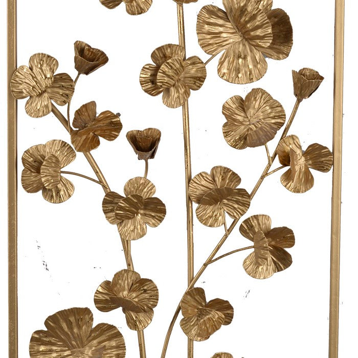 Contemporary Rectangular Metal Wall Art with Floral Plant Design, Gold