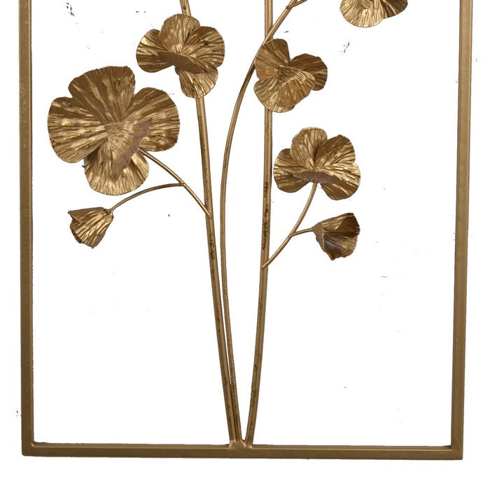 Contemporary Rectangular Metal Wall Art with Floral Plant Design, Gold