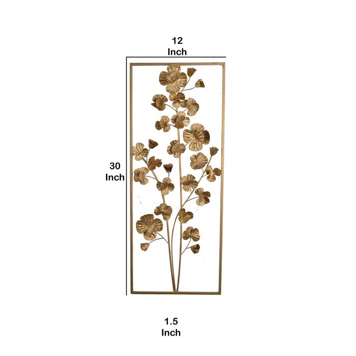 Contemporary Rectangular Metal Wall Art with Floral Plant Design, Gold