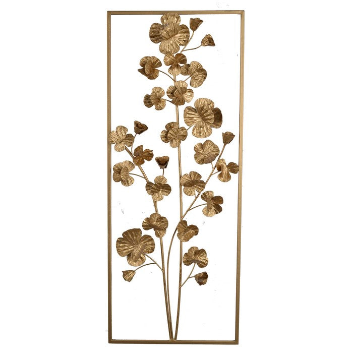 Contemporary Rectangular Metal Wall Art with Floral Plant Design, Gold