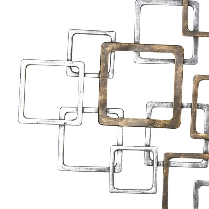 Modern Metal Wall Decor with Interlocking Squares, Silver and Bronze