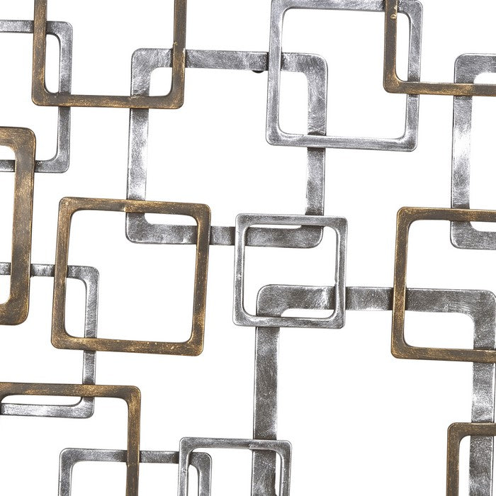 Modern Metal Wall Decor with Interlocking Squares, Silver and Bronze