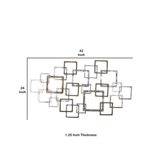 Modern Metal Wall Decor with Interlocking Squares, Silver and Bronze