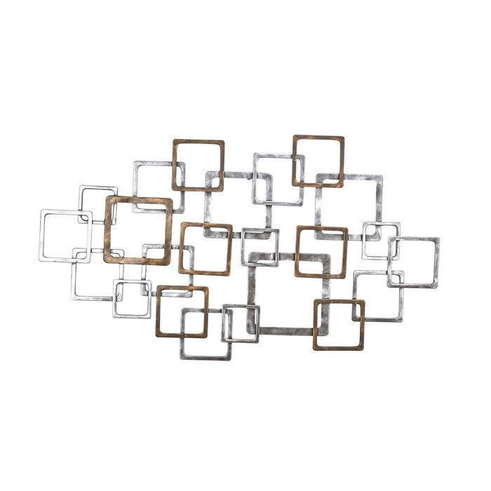 Modern Metal Wall Decor with Interlocking Squares, Silver and Bronze