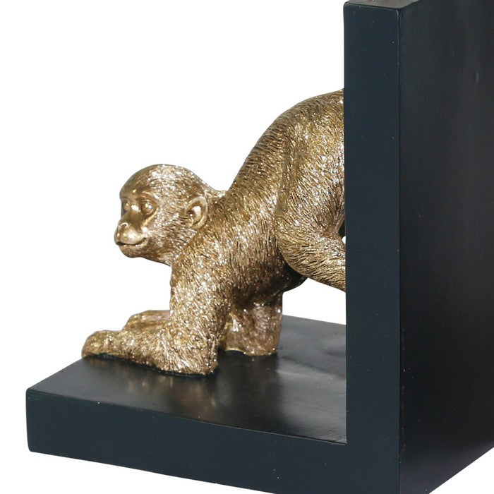 Wooden Bookend with Polyresin Monkey Figurine, Pair of 2, Black and Gold