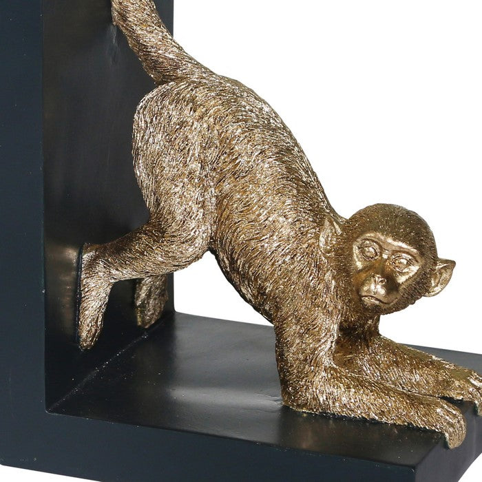 Wooden Bookend with Polyresin Monkey Figurine, Pair of 2, Black and Gold